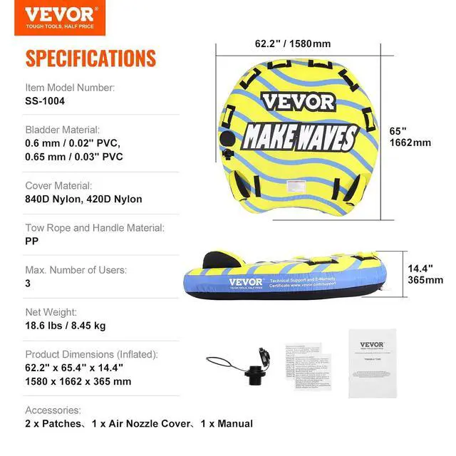 Alt view image 7 of 7 - Towable Tubes for Boating, 1-4 Riders Inflatable Boat Tubes & Towables, 340-680 lbs Capacity, Multiple Sizes with Full Nylon Cover, Padded/EVA Handles, Fins & Safety Valve (Multi-Option)