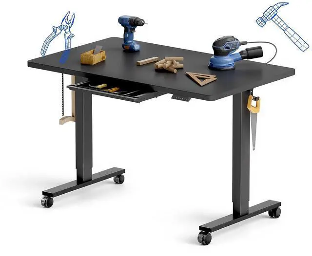 Main image of Electric Adjustable Workbench, 48x30 Inches Ergonomic Worktable with Drawer and Wheels for Garage, Workshop and Office, Spacious Desktop for Woodworking and Crafts, Black, 4 Packages