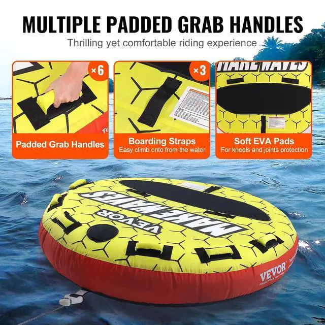 Alt view image 5 of 7 - Towable Tubes for Boating, 1-4 Riders Inflatable Boat Tubes & Towables, 340-680 lbs Capacity, Multiple Sizes with Full Nylon Cover, Padded/EVA Handles, Fins & Safety Valve (Multi-Option)