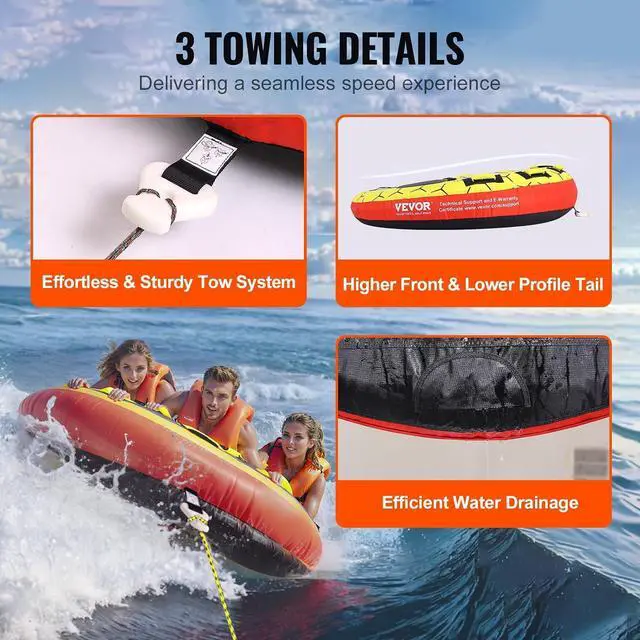 Alt view image 6 of 7 - Towable Tubes for Boating, 1-4 Riders Inflatable Boat Tubes & Towables, 340-680 lbs Capacity, Multiple Sizes with Full Nylon Cover, Padded/EVA Handles, Fins & Safety Valve (Multi-Option)