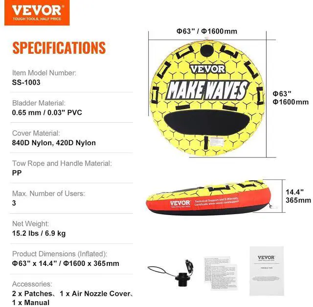 Alt view image 7 of 7 - Towable Tubes for Boating, 1-4 Riders Inflatable Boat Tubes & Towables, 340-680 lbs Capacity, Multiple Sizes with Full Nylon Cover, Padded/EVA Handles, Fins & Safety Valve (Multi-Option)