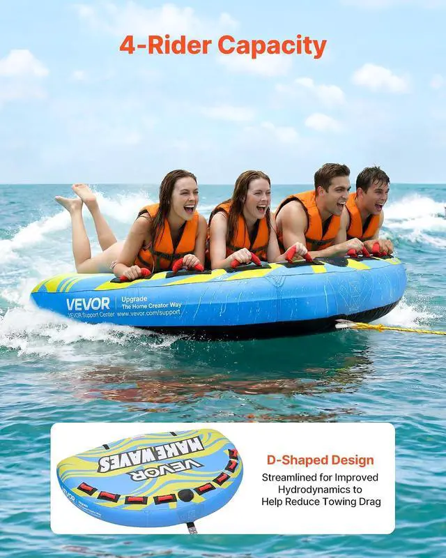 Alt view image 2 of 7 - Towable Tubes for Boating, 1-4 Riders Inflatable Boat Tubes & Towables, 340-680 lbs Capacity, Multiple Sizes with Full Nylon Cover, Padded/EVA Handles, Fins & Safety Valve (Multi-Option)