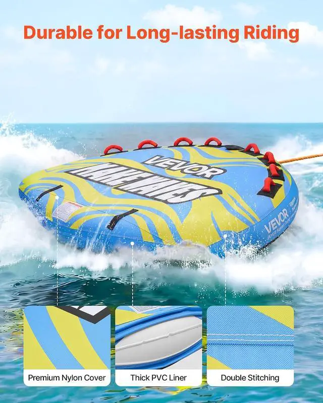 Alt view image 3 of 7 - Towable Tubes for Boating, 1-4 Riders Inflatable Boat Tubes & Towables, 340-680 lbs Capacity, Multiple Sizes with Full Nylon Cover, Padded/EVA Handles, Fins & Safety Valve (Multi-Option)