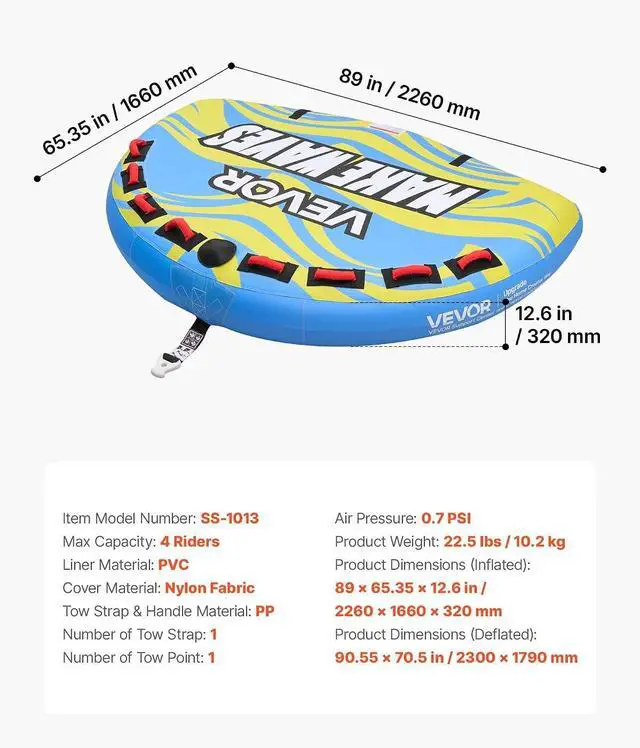 Alt view image 7 of 7 - Towable Tubes for Boating, 1-4 Riders Inflatable Boat Tubes & Towables, 340-680 lbs Capacity, Multiple Sizes with Full Nylon Cover, Padded/EVA Handles, Fins & Safety Valve (Multi-Option)