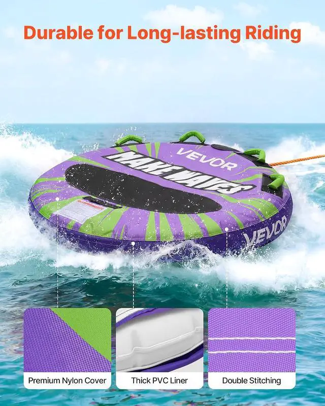 Alt view image 3 of 7 - Towable Tubes for Boating, 1-4 Riders Inflatable Boat Tubes & Towables, 340-680 lbs Capacity, Multiple Sizes with Full Nylon Cover, Padded/EVA Handles, Fins & Safety Valve (Multi-Option)