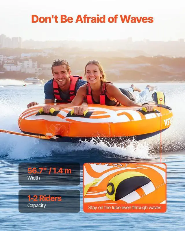 Alt view image 2 of 7 - Towable Tubes for Boating, 1-4 Riders Inflatable Boat Tubes & Towables, 340-680 lbs Capacity, Multiple Sizes with Full Nylon Cover, Padded/EVA Handles, Fins & Safety Valve (Multi-Option)
