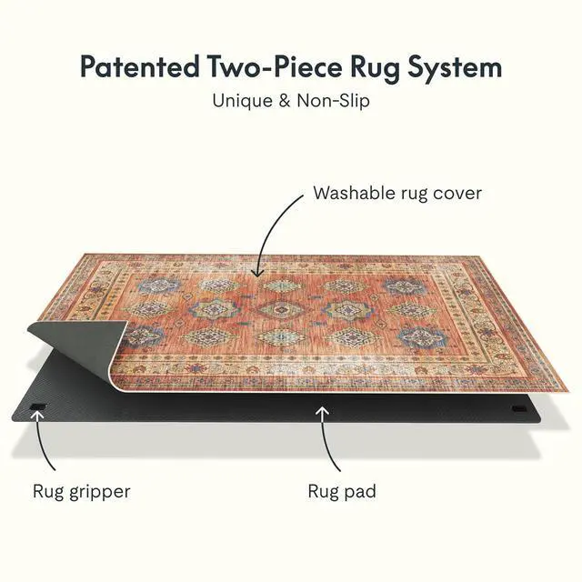 Alt view image 2 of 6 - 5x7 Washable Area Rug Patented Non-Slip Carpet, Low Pile, Child & Pet Friendly, High-Grip Rug Pad Included Ideal for Entryway, Living Room & Bedroom (Persian Ember)