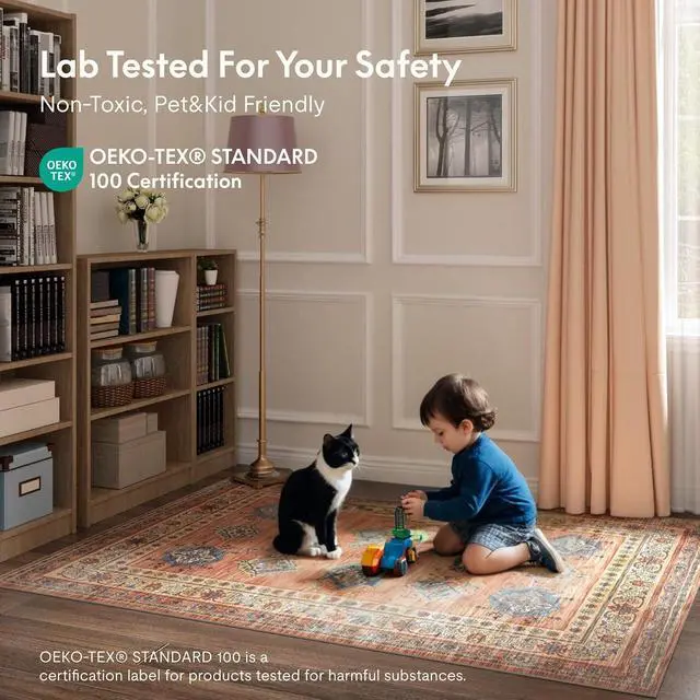 Alt view image 3 of 6 - 5x7 Washable Area Rug Patented Non-Slip Carpet, Low Pile, Child & Pet Friendly, High-Grip Rug Pad Included Ideal for Entryway, Living Room & Bedroom (Persian Ember)