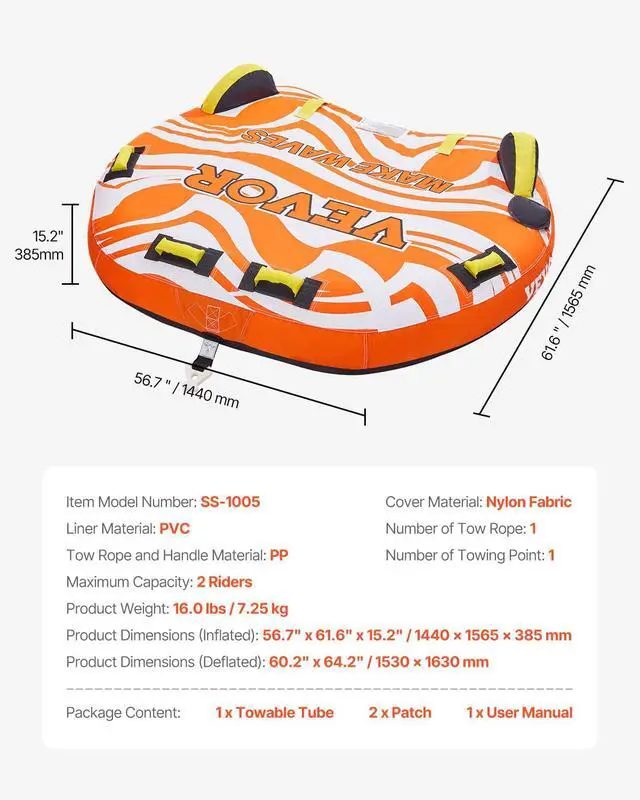 Alt view image 7 of 7 - Towable Tubes for Boating, 1-4 Riders Inflatable Boat Tubes & Towables, 340-680 lbs Capacity, Multiple Sizes with Full Nylon Cover, Padded/EVA Handles, Fins & Safety Valve (Multi-Option)