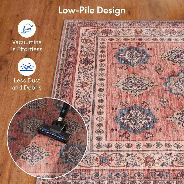 Alt view image 4 of 6 - 5x7 Washable Area Rug Patented Non-Slip Carpet, Low Pile, Child & Pet Friendly, High-Grip Rug Pad Included Ideal for Entryway, Living Room & Bedroom (Persian Ember)