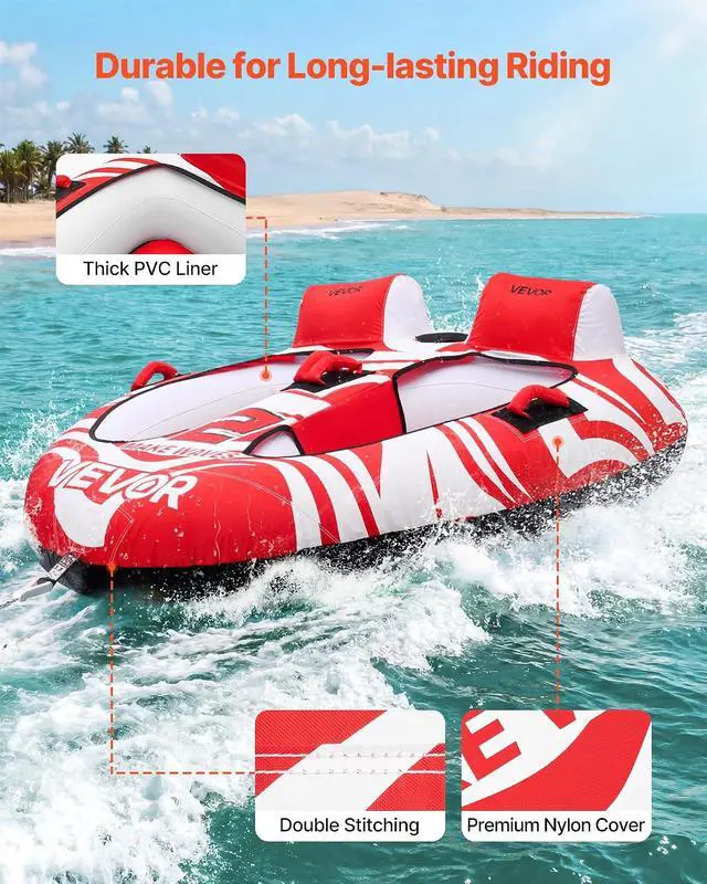 Alt view image 3 of 7 - Towable Tubes for Boating, 2-Rider Inflatable Boat Tubes and Towables, 340 lbs Capacity Water Sport Tubes for Boat to Pull - with 2 Cockpits, Full Nylon Cover, Padded Grab Handles & Safety Valve