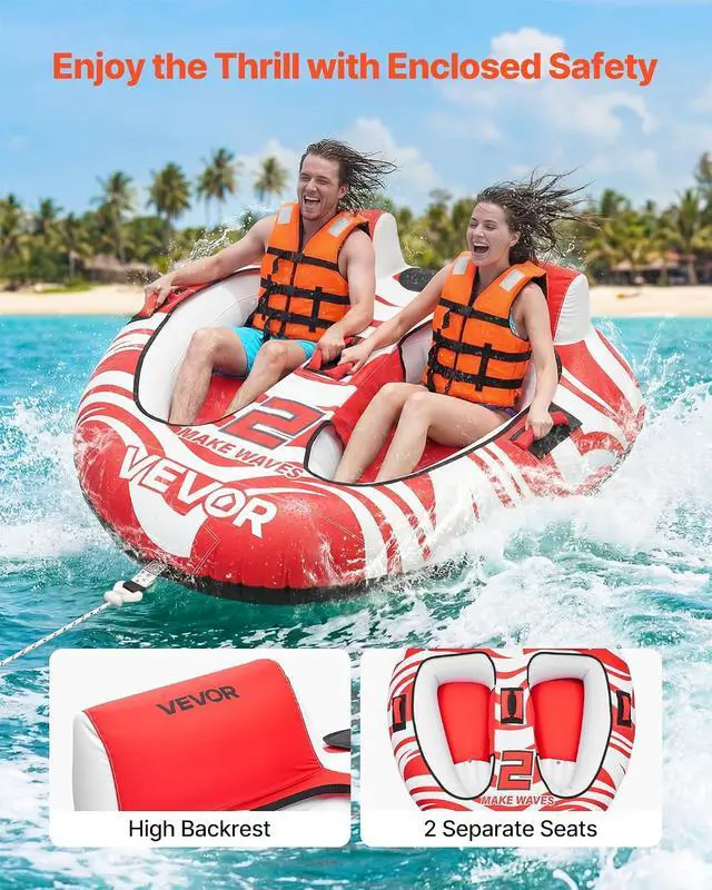 Alt view image 2 of 7 - Towable Tubes for Boating, 2-Rider Inflatable Boat Tubes and Towables, 340 lbs Capacity Water Sport Tubes for Boat to Pull - with 2 Cockpits, Full Nylon Cover, Padded Grab Handles & Safety Valve