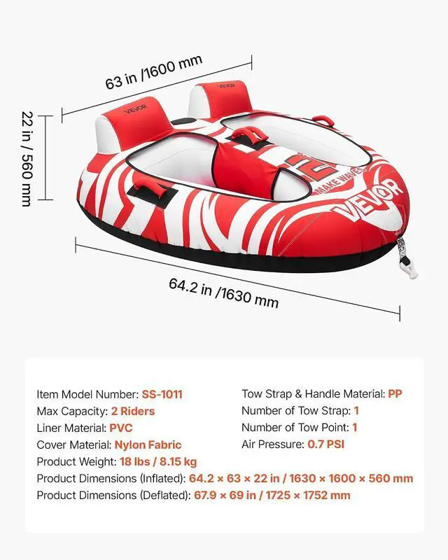 Alt view image 7 of 7 - Towable Tubes for Boating, 2-Rider Inflatable Boat Tubes and Towables, 340 lbs Capacity Water Sport Tubes for Boat to Pull - with 2 Cockpits, Full Nylon Cover, Padded Grab Handles & Safety Valve