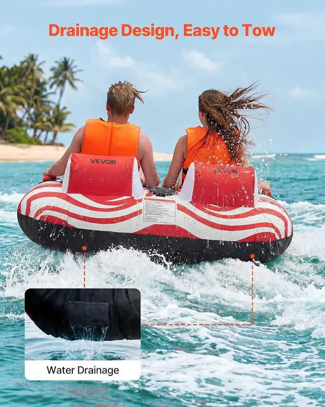 Alt view image 6 of 7 - Towable Tubes for Boating, 2-Rider Inflatable Boat Tubes and Towables, 340 lbs Capacity Water Sport Tubes for Boat to Pull - with 2 Cockpits, Full Nylon Cover, Padded Grab Handles & Safety Valve