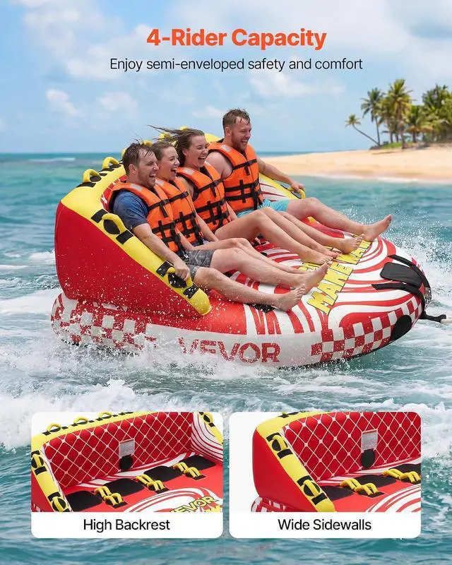 Alt view image 2 of 7 - Towable Tubes for Boating, 4-Rider Inflatable Towable Tube for Boat to Pull, 680 lbs Capacity Water Sports Boating Tubes - with Full Nylon Cover, Dual Tow Points, Safety Valve & Padded Handles