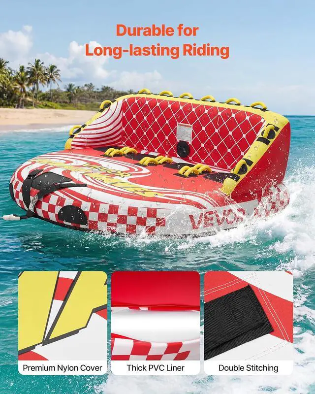 Alt view image 4 of 7 - Towable Tubes for Boating, 4-Rider Inflatable Towable Tube for Boat to Pull, 680 lbs Capacity Water Sports Boating Tubes - with Full Nylon Cover, Dual Tow Points, Safety Valve & Padded Handles