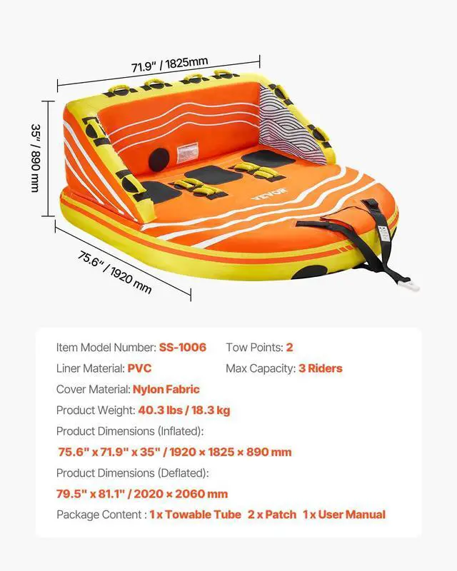 Alt view image 7 of 7 - Towable Tube for Boating, 1-3 Riders Inflatable Boat Tubes and Towables, 510lbs Water Sport Towable Tube for Boat to Pull - with Full Nylon Cover, 16 Grab Handles, Dual Tow Points & Safety Valve