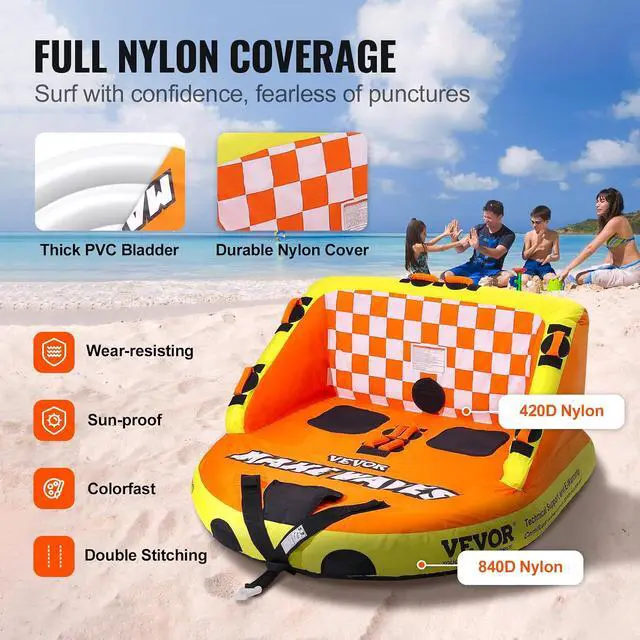 Alt view image 3 of 7 - Towable Tube for Boating, 1-2 Riders Inflatable Towable Tubes with Deck Seats and Backrest, 340 lbs Water Sport Tube for Boat to Pull, Full Nylon Cover, EVA Grab Handles and Speed Safety Valve