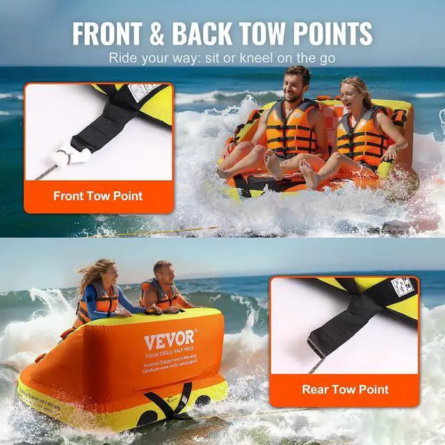 Alt view image 5 of 7 - Towable Tube for Boating, 1-2 Riders Inflatable Towable Tubes with Deck Seats and Backrest, 340 lbs Water Sport Tube for Boat to Pull, Full Nylon Cover, EVA Grab Handles and Speed Safety Valve