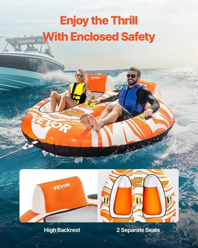 Alt view image 2 of 7 - Towable Tubes for Boating 2 Person, Inflatable Boat Tubes and Towables with 2 Cockpits, 340lbs Water Sport Tubes for Boat to Pull - with 840D Full Nylon Cover, Padded Grab Handles & Safety Valve