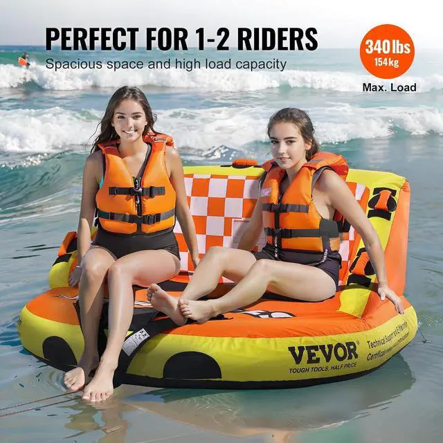 Alt view image 6 of 7 - Towable Tube for Boating, 1-2 Riders Inflatable Towable Tubes with Deck Seats and Backrest, 340 lbs Water Sport Tube for Boat to Pull, Full Nylon Cover, EVA Grab Handles and Speed Safety Valve
