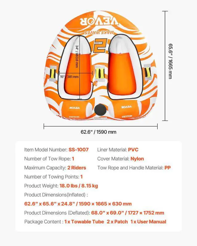 Alt view image 7 of 7 - Towable Tubes for Boating 2 Person, Inflatable Boat Tubes and Towables with 2 Cockpits, 340lbs Water Sport Tubes for Boat to Pull - with 840D Full Nylon Cover, Padded Grab Handles & Safety Valve