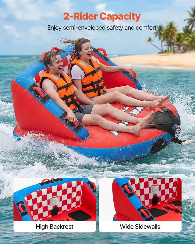 Alt view image 2 of 7 - Towable Tubes for Boating, 2-Rider Inflatable Towable Tube for Boat to Pull, 340 lbs Capacity Water Sports Boating Tubes - with Full Nylon Cover, Dual Tow Points, Safety Valve & Padded Handles