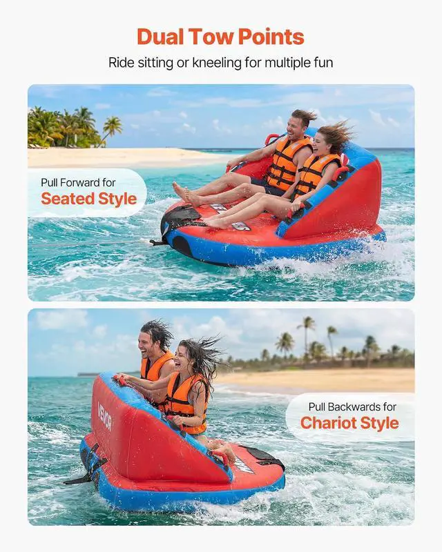 Alt view image 3 of 7 - Towable Tubes for Boating, 2-Rider Inflatable Towable Tube for Boat to Pull, 340 lbs Capacity Water Sports Boating Tubes - with Full Nylon Cover, Dual Tow Points, Safety Valve & Padded Handles