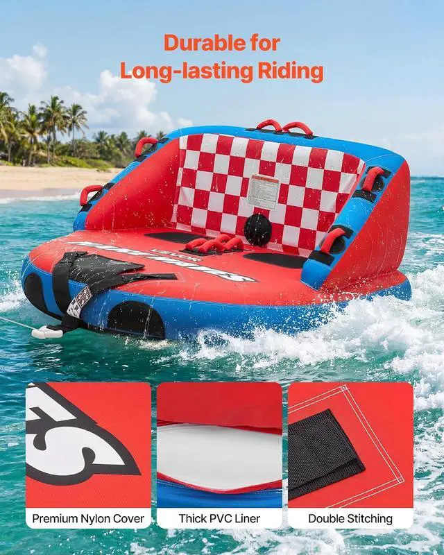 Alt view image 4 of 7 - Towable Tubes for Boating, 2-Rider Inflatable Towable Tube for Boat to Pull, 340 lbs Capacity Water Sports Boating Tubes - with Full Nylon Cover, Dual Tow Points, Safety Valve & Padded Handles