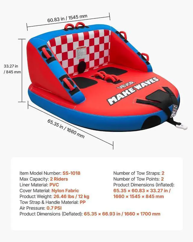 Alt view image 7 of 7 - Towable Tubes for Boating, 2-Rider Inflatable Towable Tube for Boat to Pull, 340 lbs Capacity Water Sports Boating Tubes - with Full Nylon Cover, Dual Tow Points, Safety Valve & Padded Handles