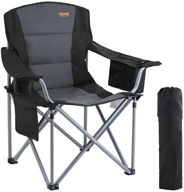 Main image of Oversized Camping Folding Chair, Portable Heavy Duty Outdoor Quad Lumbar Back Padded with Side Pockets, Cup Holder and Cooler Bag for Beach, Lawn, Picnic, Fishing, Backpacking, Black
