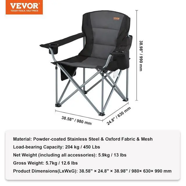 Alt view image 3 of 7 - Oversized Camping Folding Chair, Portable Heavy Duty Outdoor Quad Lumbar Back Padded with Side Pockets, Cup Holder and Cooler Bag for Beach, Lawn, Picnic, Fishing, Backpacking, Black