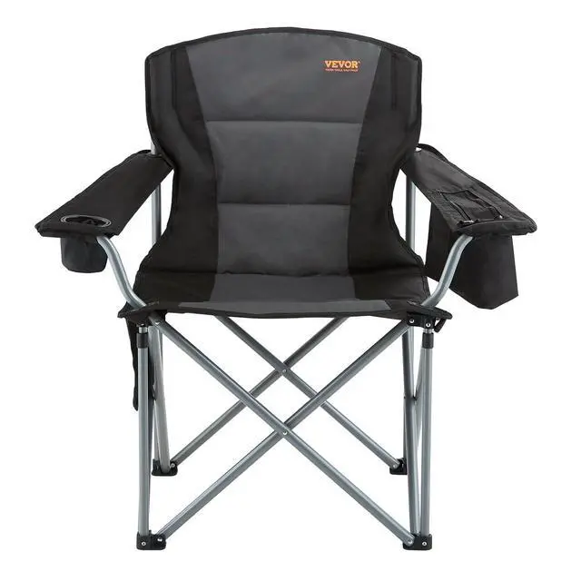 Alt view image 5 of 7 - Oversized Camping Folding Chair, Portable Heavy Duty Outdoor Quad Lumbar Back Padded with Side Pockets, Cup Holder and Cooler Bag for Beach, Lawn, Picnic, Fishing, Backpacking, Black