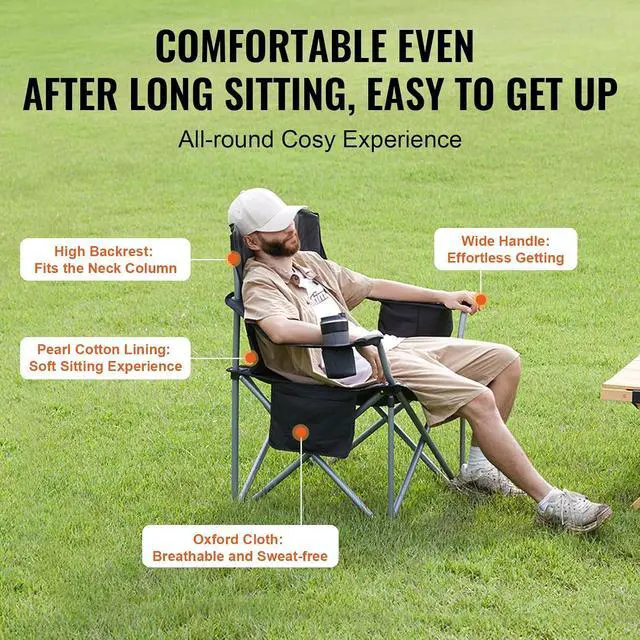 Alt view image 6 of 7 - Oversized Camping Folding Chair, Portable Heavy Duty Outdoor Quad Lumbar Back Padded with Side Pockets, Cup Holder and Cooler Bag for Beach, Lawn, Picnic, Fishing, Backpacking, Black