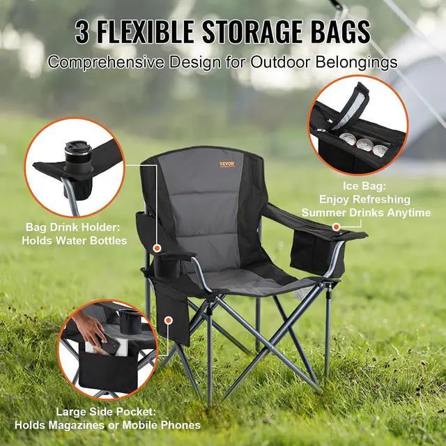 Alt view image 7 of 7 - Oversized Camping Folding Chair, Portable Heavy Duty Outdoor Quad Lumbar Back Padded with Side Pockets, Cup Holder and Cooler Bag for Beach, Lawn, Picnic, Fishing, Backpacking, Black