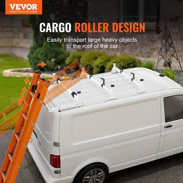 Alt view image 2 of 7 - Van Roof Ladder Racks 54", 800 lbs Capacity Heavy-Duty Steel Roof Racks for Van, Drilling Racks Fit with Cargo Roller and Straps, for Ford Transit 150, 250, 350, 2015-2022, 3 Bars