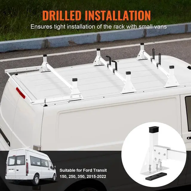 Alt view image 3 of 7 - Van Roof Ladder Racks 54", 800 lbs Capacity Heavy-Duty Steel Roof Racks for Van, Drilling Racks Fit with Cargo Roller and Straps, for Ford Transit 150, 250, 350, 2015-2022, 3 Bars