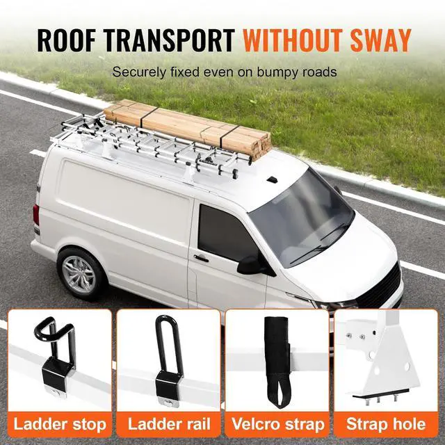 Alt view image 5 of 7 - Van Roof Ladder Racks 54", 800 lbs Capacity Heavy-Duty Steel Roof Racks for Van, Drilling Racks Fit with Cargo Roller and Straps, for Ford Transit 150, 250, 350, 2015-2022, 3 Bars