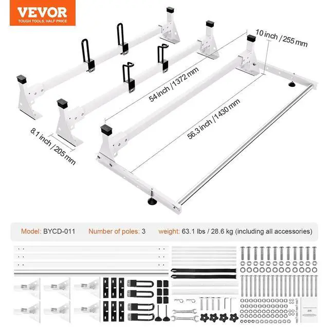 Alt view image 7 of 7 - Van Roof Ladder Racks 54", 800 lbs Capacity Heavy-Duty Steel Roof Racks for Van, Drilling Racks Fit with Cargo Roller and Straps, for Ford Transit 150, 250, 350, 2015-2022, 3 Bars