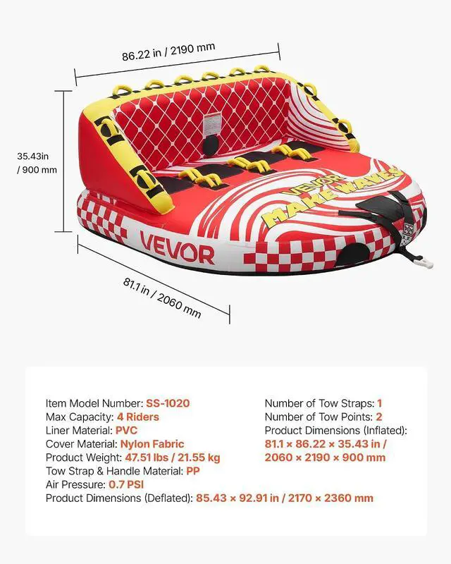 Alt view image 7 of 7 - Towable Tubes for Boating, 4-Rider Inflatable Towable Tube for Boat to Pull, 680 lbs Capacity Water Sports Boating Tubes - with Full Nylon Cover, Dual Tow Points, Safety Valve & Padded Handles