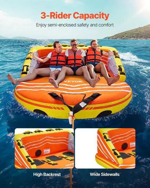 Alt view image 2 of 7 - Towable Tube for Boating, 1-3 Riders Inflatable Boat Tubes and Towables, 510lbs Water Sport Towable Tube for Boat to Pull - with Full Nylon Cover, 16 Grab Handles, Dual Tow Points & Safety Valve