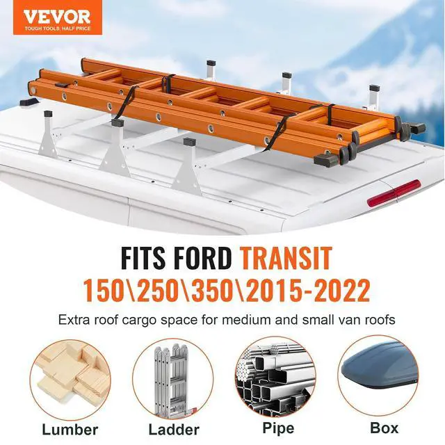 Alt view image 2 of 7 - Van Roof Ladder Rack, 54" Heavy-Duty Steel Rack, 800 lbs Capacity, Drilling with Straps, Fit for Ford Transit 150, 250, 350, 2015-2022, 3 Bars