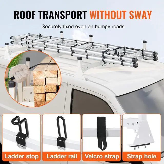 Alt view image 5 of 7 - Van Roof Ladder Rack, 54" Heavy-Duty Steel Rack, 800 lbs Capacity, Drilling with Straps, Fit for Ford Transit 150, 250, 350, 2015-2022, 3 Bars