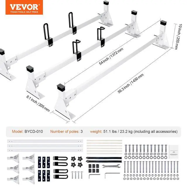 Alt view image 7 of 7 - Van Roof Ladder Rack, 54" Heavy-Duty Steel Rack, 800 lbs Capacity, Drilling with Straps, Fit for Ford Transit 150, 250, 350, 2015-2022, 3 Bars