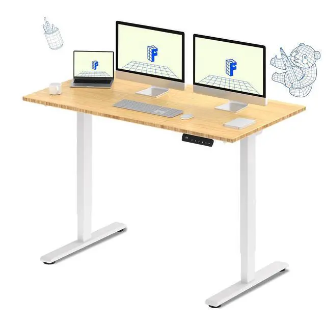 Main image of E3 Bamboo Dual Motor 60 x 30 Electric Standing Desk Sit Stand Up Desk, Holds 220 lbs, Adjustable Height w/Memory Presets, Solid Bamboo Desktop & White Frame, Ships in 2 Boxes