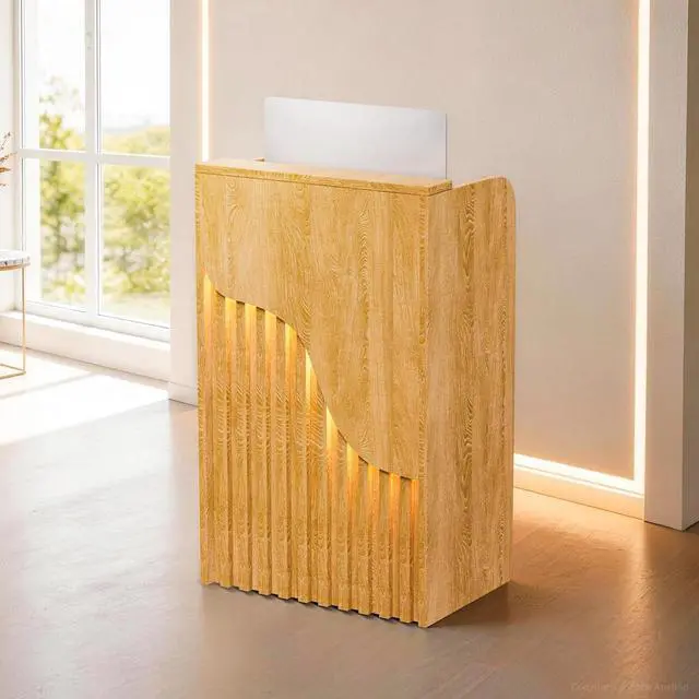 Main image of 23.6" Small Reception Desk with Counter, LED Lighting, Locking Drawer, Cable Grommet for Office, Salon, Retail, Easy Assembly (Natural)