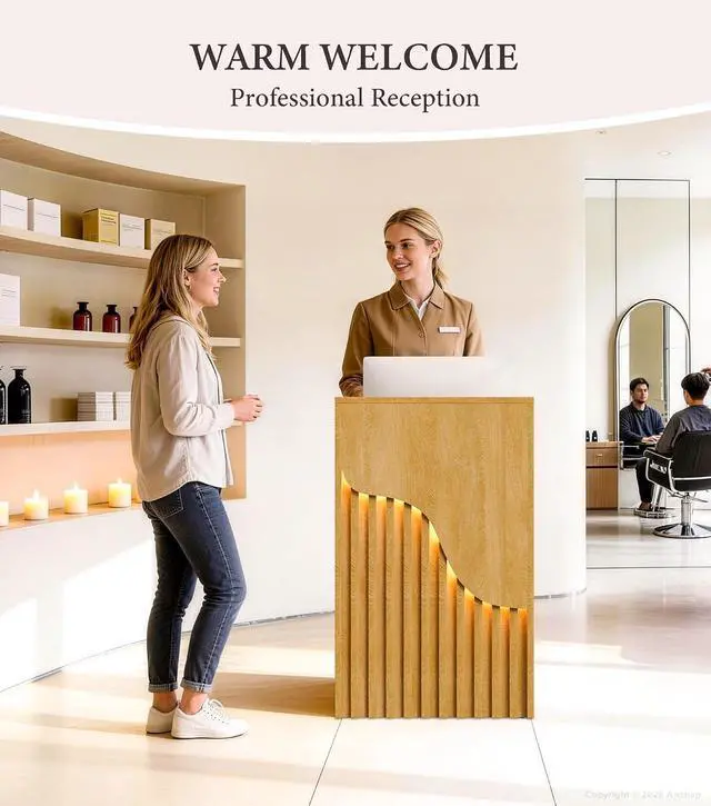 Alt view image 3 of 7 - 23.6" Small Reception Desk with Counter, LED Lighting, Locking Drawer, Cable Grommet for Office, Salon, Retail, Easy Assembly (Natural)
