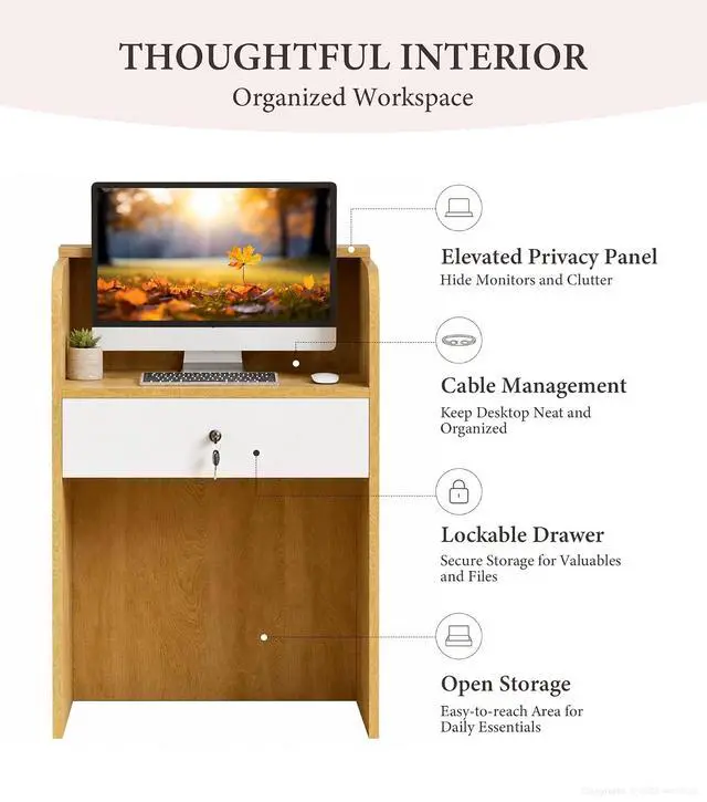 Alt view image 4 of 7 - 23.6" Small Reception Desk with Counter, LED Lighting, Locking Drawer, Cable Grommet for Office, Salon, Retail, Easy Assembly (Natural)