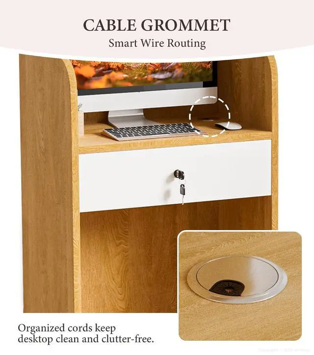 Alt view image 5 of 7 - 23.6" Small Reception Desk with Counter, LED Lighting, Locking Drawer, Cable Grommet for Office, Salon, Retail, Easy Assembly (Natural)