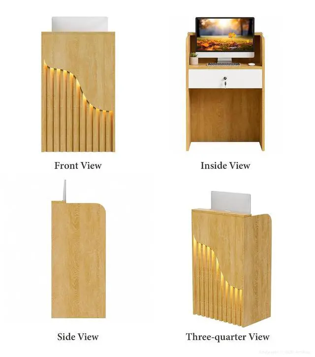 Alt view image 7 of 7 - 23.6" Small Reception Desk with Counter, LED Lighting, Locking Drawer, Cable Grommet for Office, Salon, Retail, Easy Assembly (Natural)